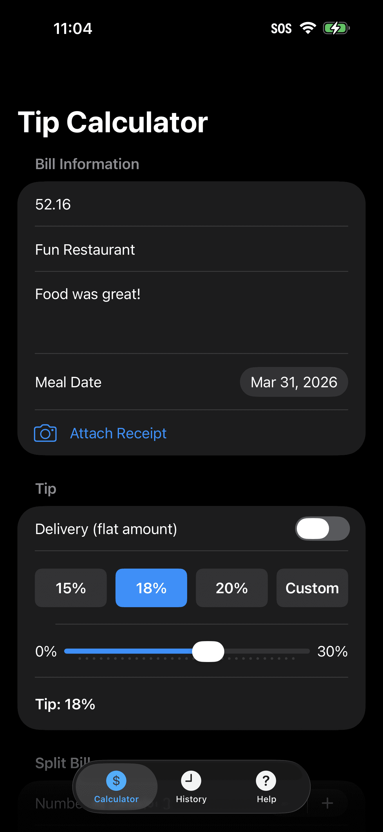 TipSight tip calculator screen
